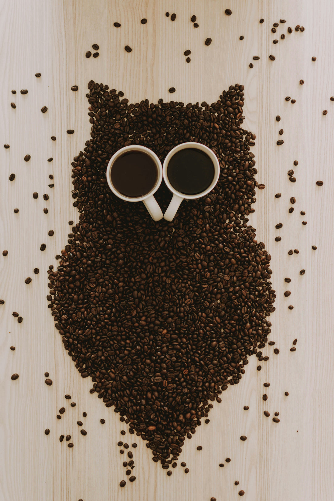 Overhead of mixed coffee mugs with varied shapes and colors on coffee beans